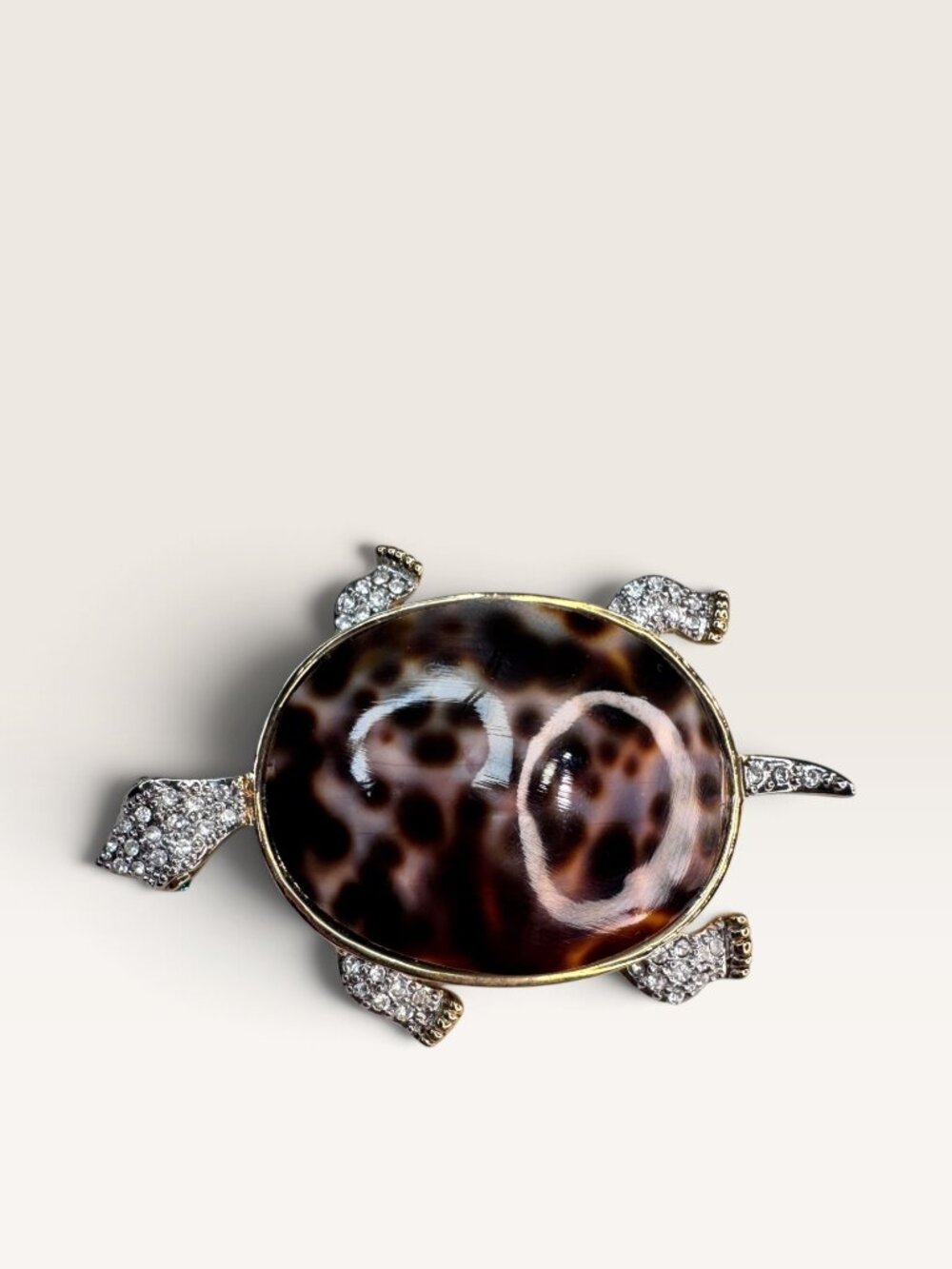 Vintage 1990s Kenneth Jay Lane KJL Tiger Cowrie Shell Rhinestone Turtle Brooch